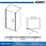 One Panel Pivot Shower Door 30" Wide x 72" H - 1/4" Thick Clear Glass - Chrome color #FP30